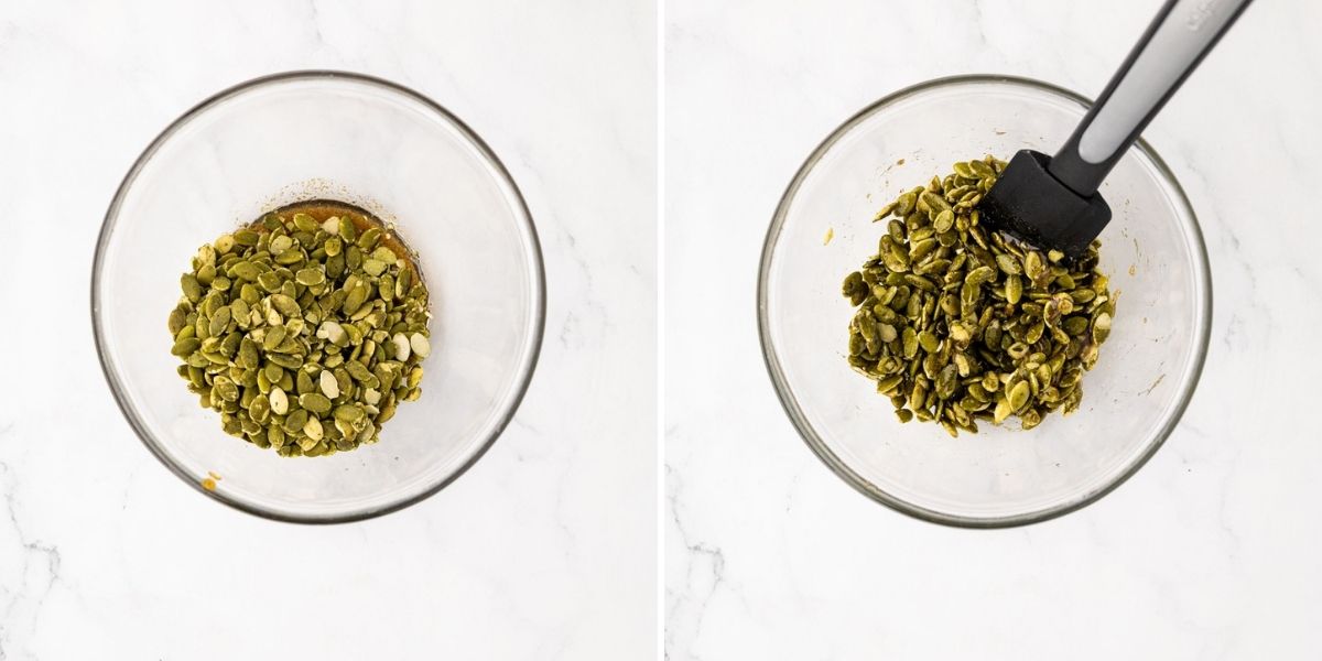 Coating the pepitas in oil and spices.