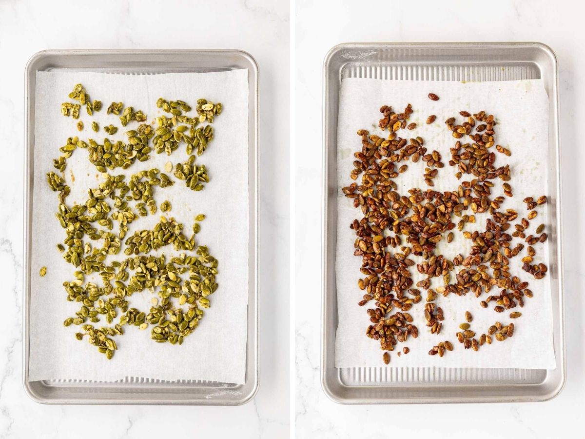 Pumpkin seeds on a baking sheet before and after roasting.