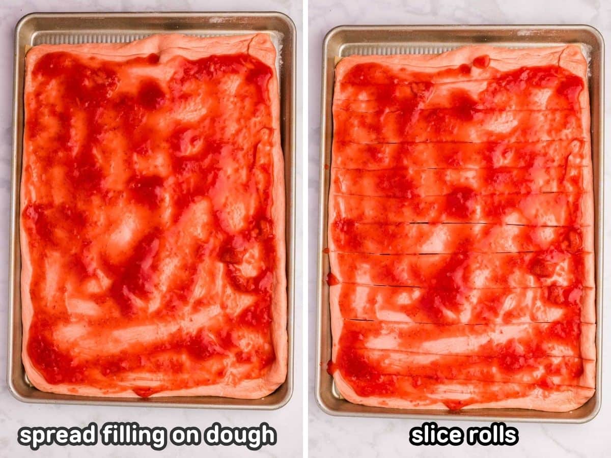 Strawberry mixture spread on the dough and dough sliced into thin pieces.