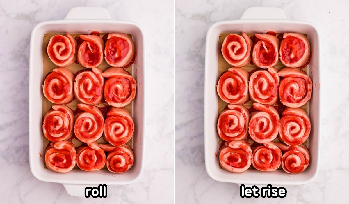 Assembled strawberry cinnamon rolls in a baking dish to rise.