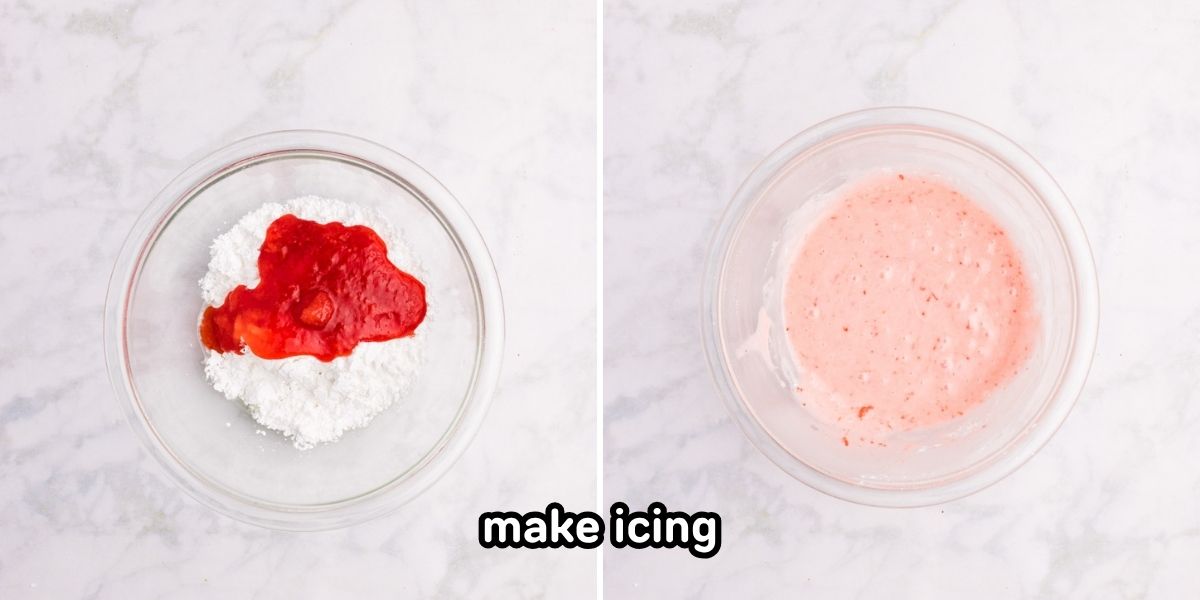 Strawberry mixture with powdered sugar mixed together in a bowl.