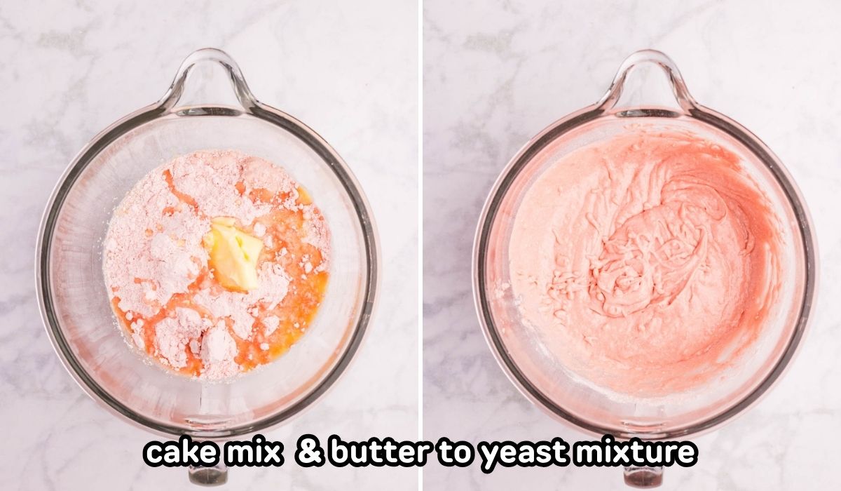 Cake mix and butter added to the yeast mixture in the bowl of a stand mixer.