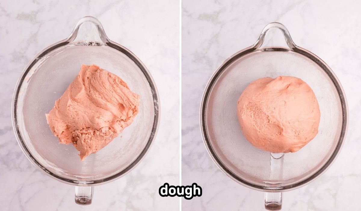 Strawberry cinnamon roll dough kneaded in a mixing bowl.