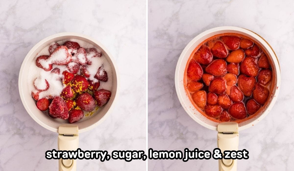 Strawberries, lemon juice, lemon zest and sugar cooking in a saucepan.