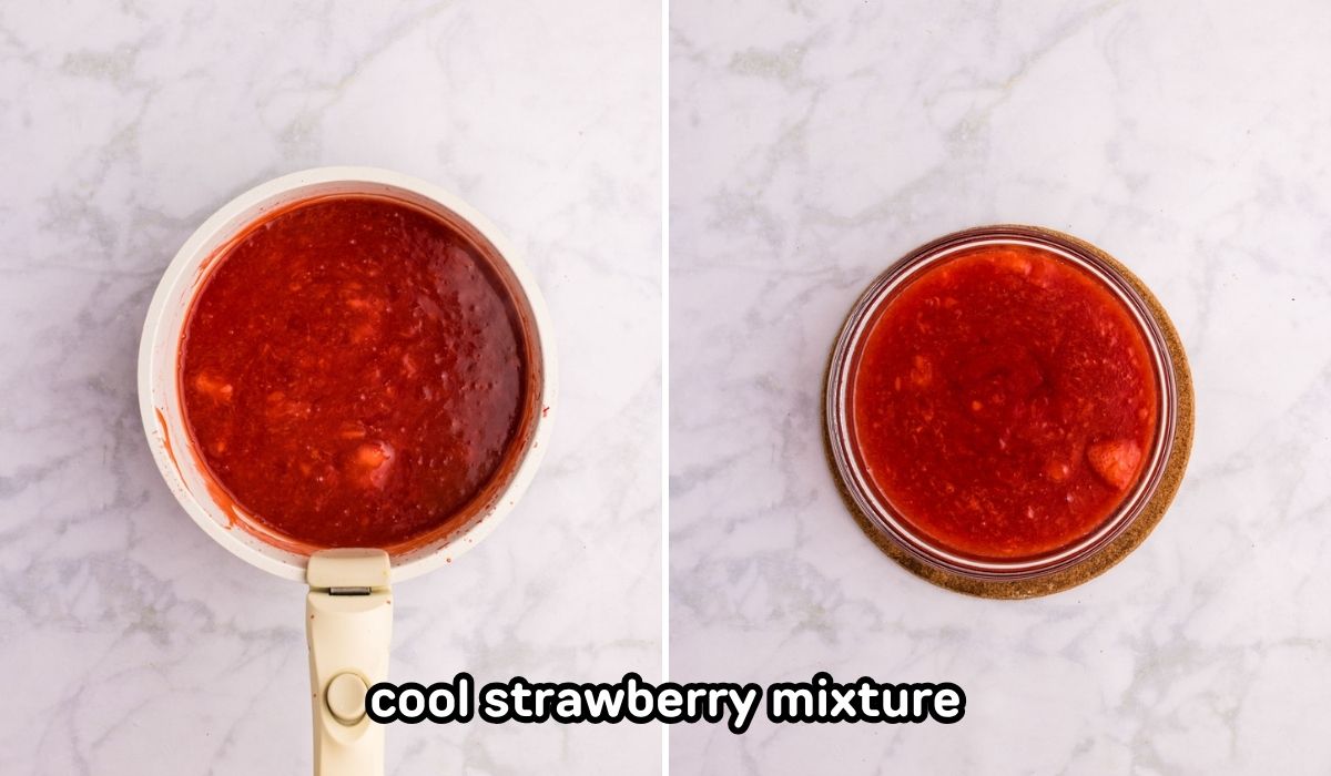 Cooled strawberry mixture in a sauce pan placed into a jar.