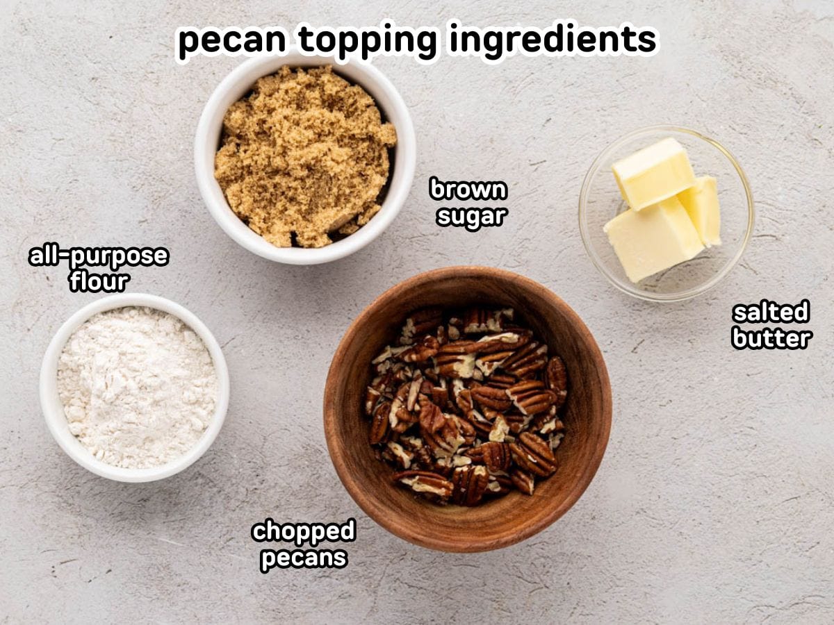 Labeled image of ingredients needed to make sweet potato pie pecan topping.