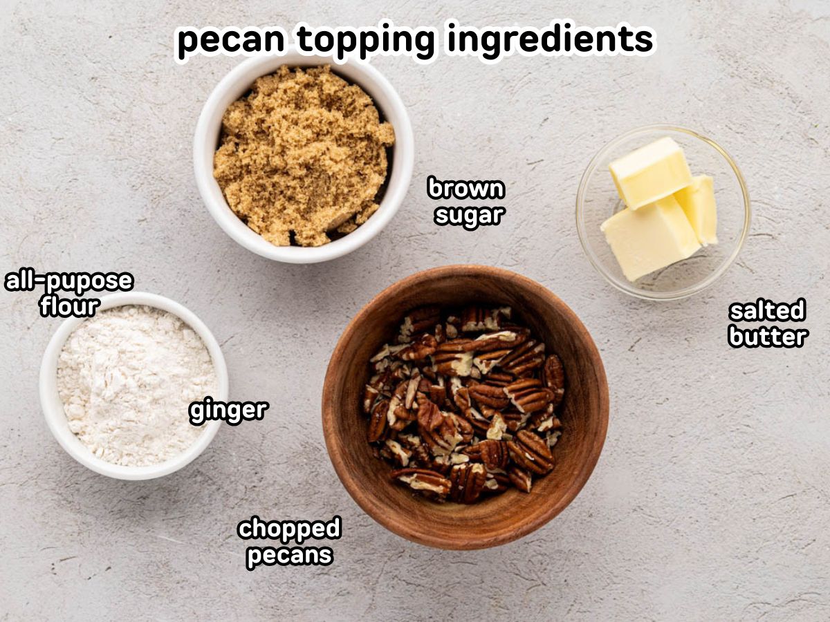 Labeled image of ingredients needed to make sweet potato pie pecan topping.