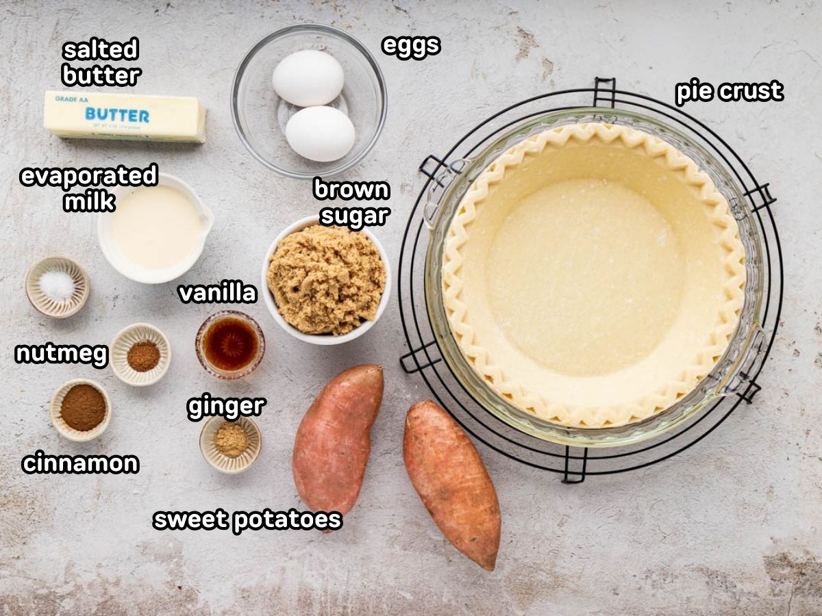 Labeled image of ingredients needed to make sweet potato pie.