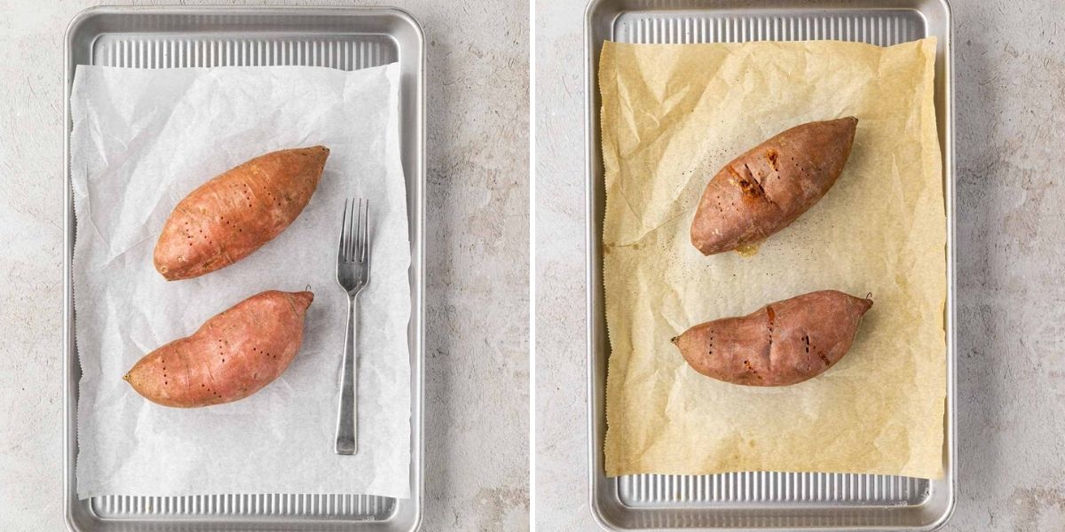 Sweet potatoes on a lined baking sheet.