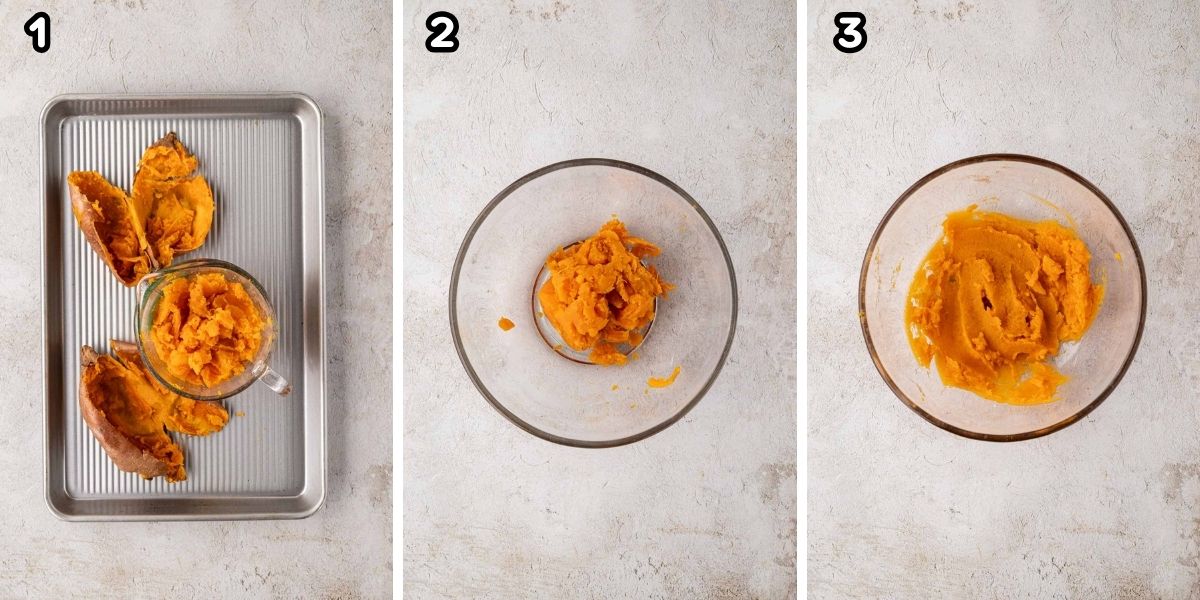 A collage image of baked sweet potatoes scooped out into a bowl and mashed.