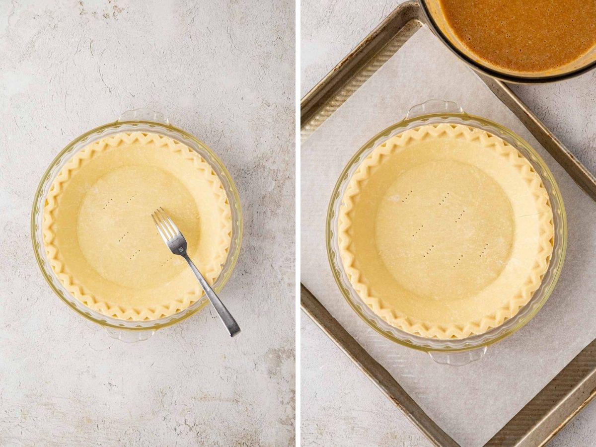 Scoring a pie crust with a fork.
