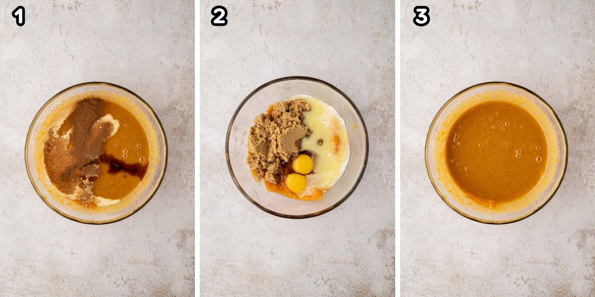 A collage image of sweet potato pie filling ingredients, added to a bowl and combined.