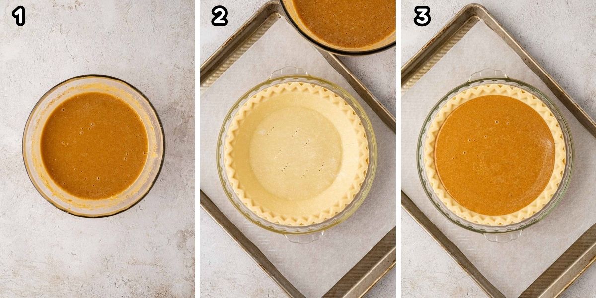 A collage image of sweet potato pie filling poured into a piecrust.