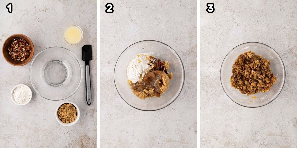 A collage image of ingredients for pecan flour topping made in a bow and stirred together.