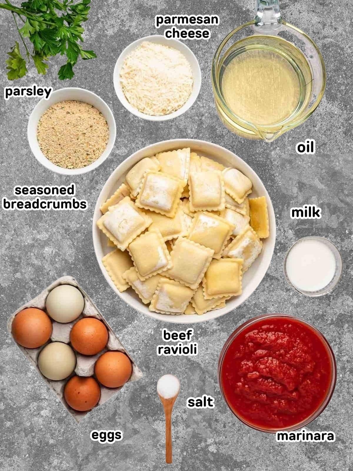 Ingredients needed to make toasted ravioli.