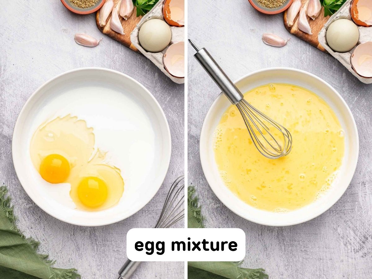 Side by side photos of whisking together eggs and milk.