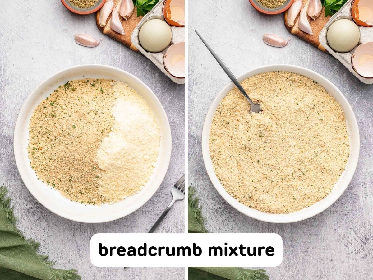 Combining parmesan cheese and Italian breadcrumbs.