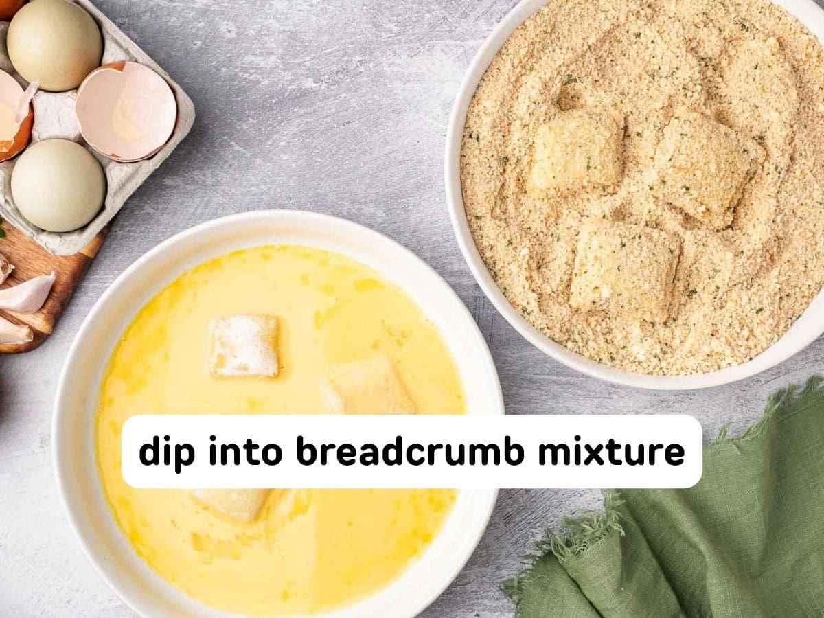 Dipping the raviolis into the breadcrumb mixture after the egg mixture.