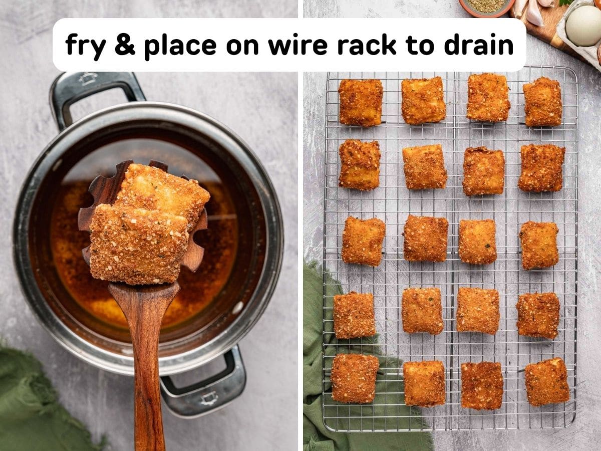 Side by side photos of frying the ravioli and placing on a wire rack to cool.