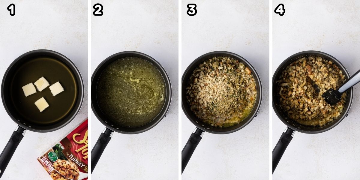 A collage image showing boiling stock and butter and adding stuffing.