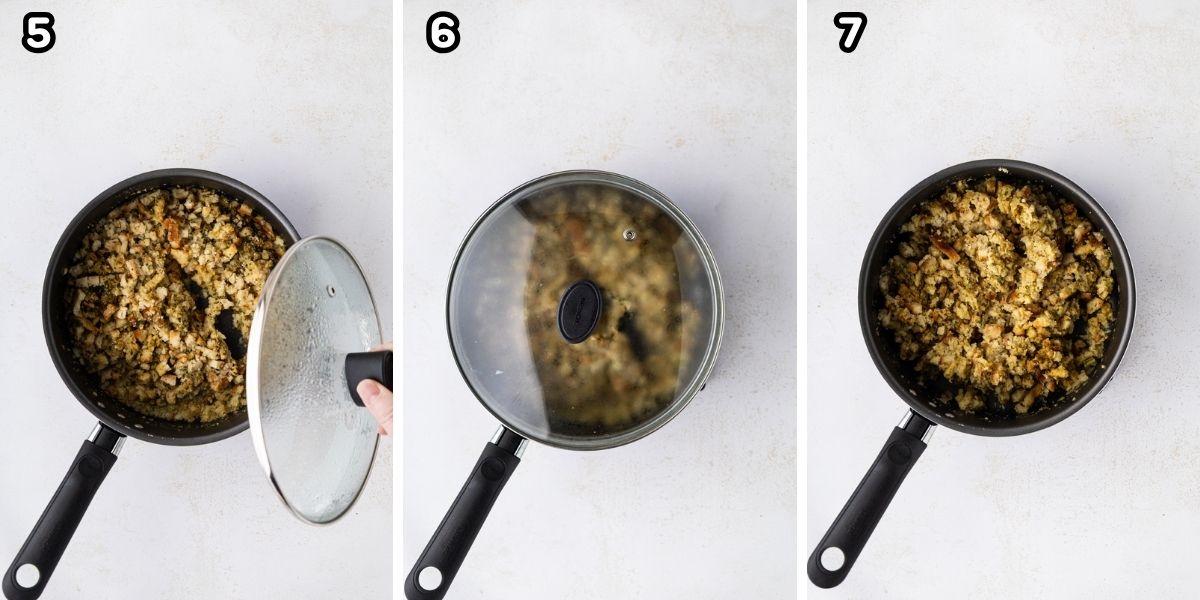 A collage image showing covering stuffing with a lead and letting sit.