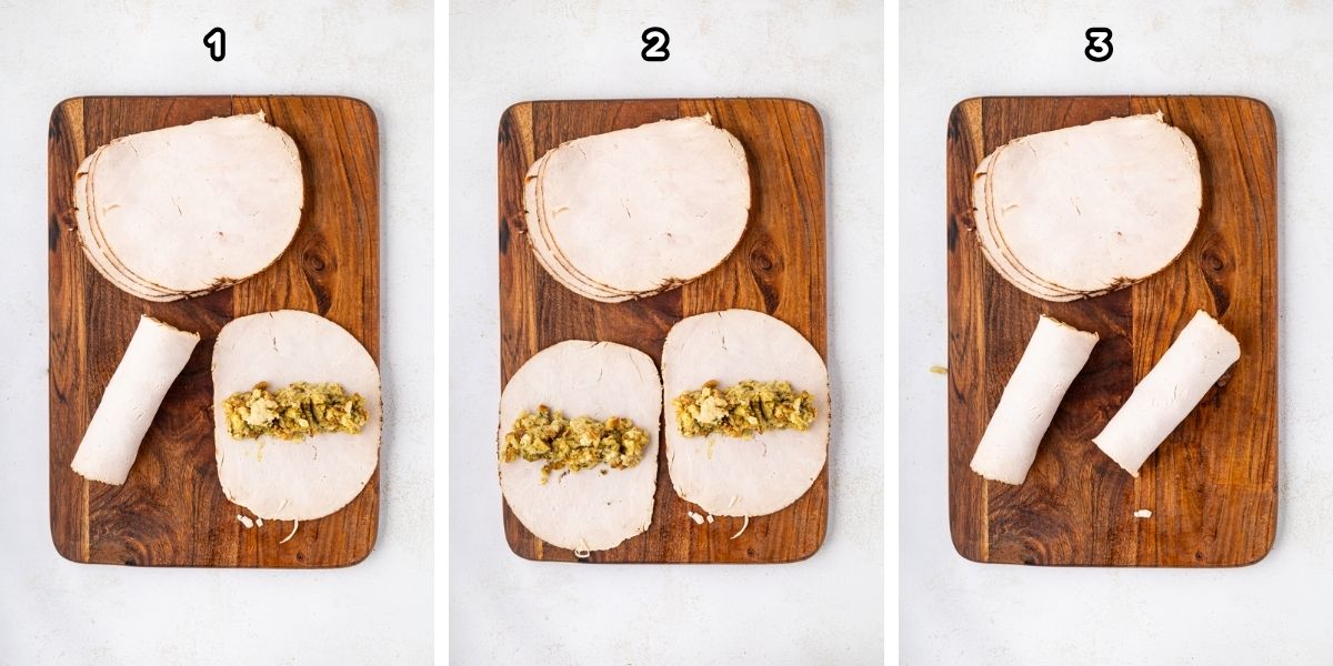 A collage image showing how to put stuffing in the middle and roll the turkey.