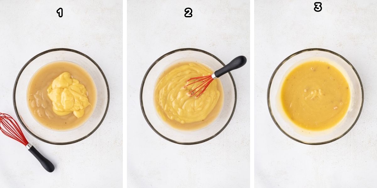 A collage image of turkey gravy and chicken soup added to a bowl and stirred into combine.
