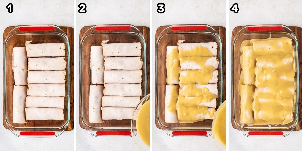 A collage image of turkey roll ups and a 9 x 13 dish and gravy mixture being poured over it.