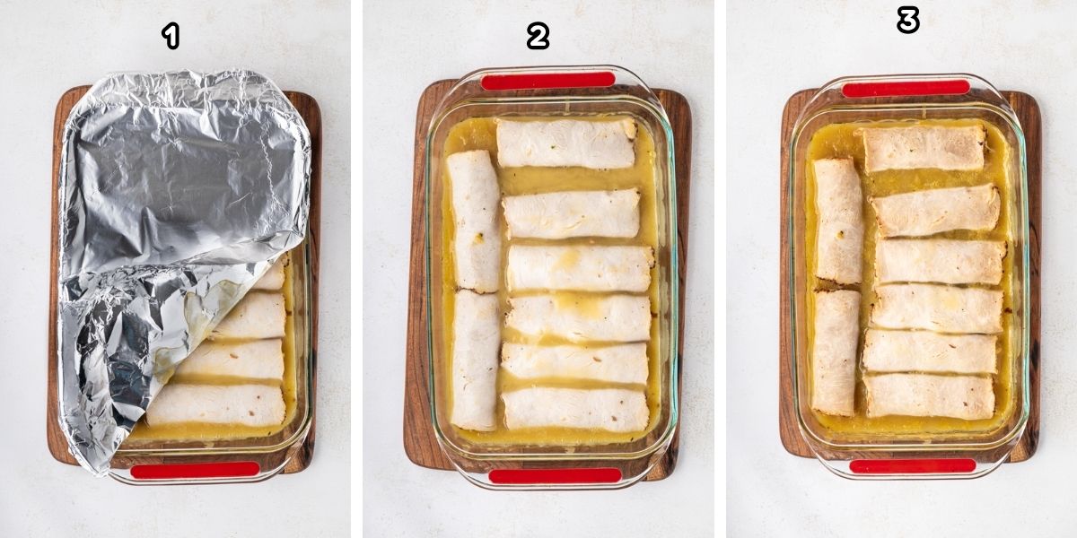 A collage image showing removing foil to finish baking, and then after the turkey roll ups have been baked.