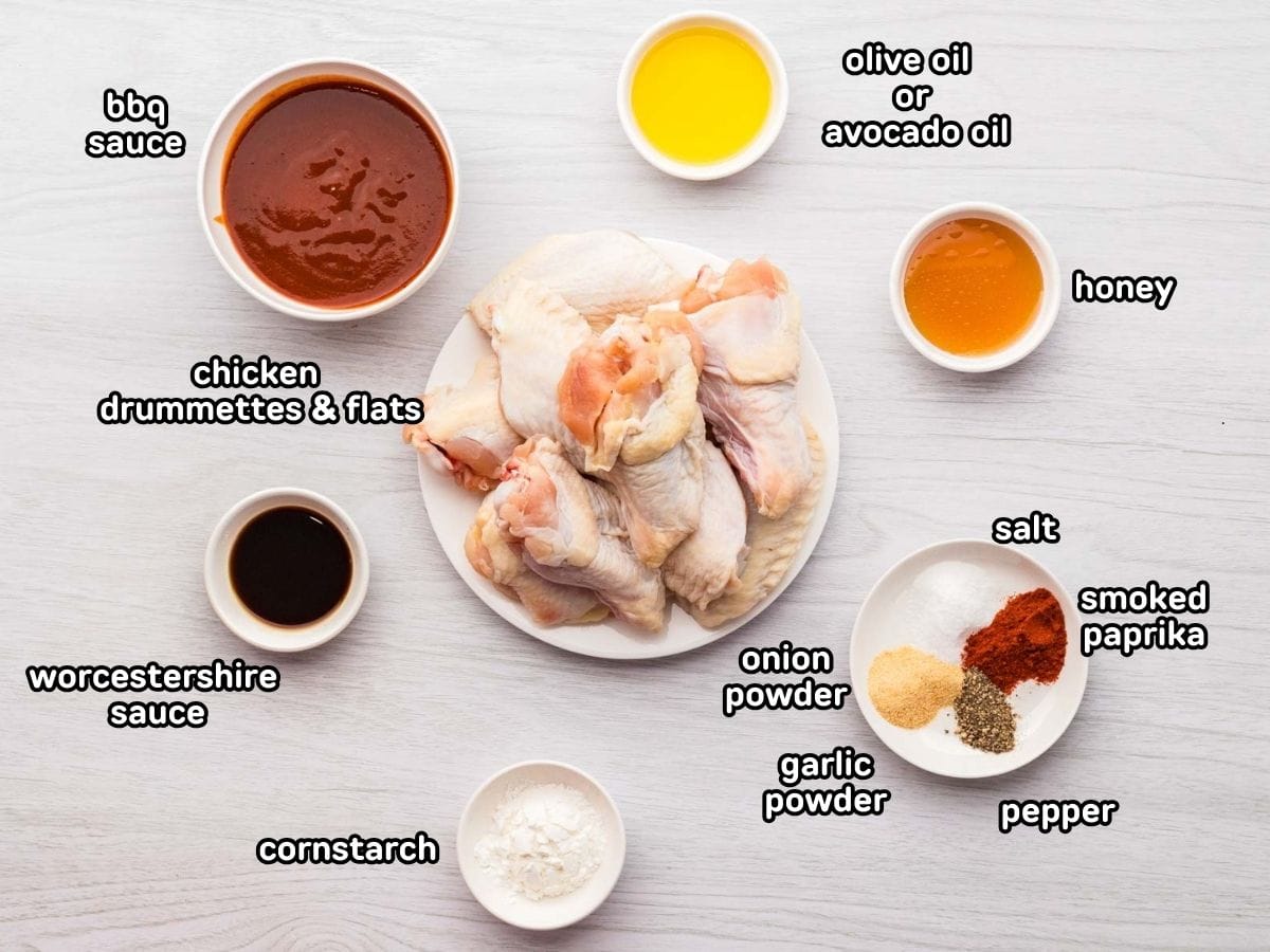 Ingredients needed to make air fryer BBQ chicken wings.