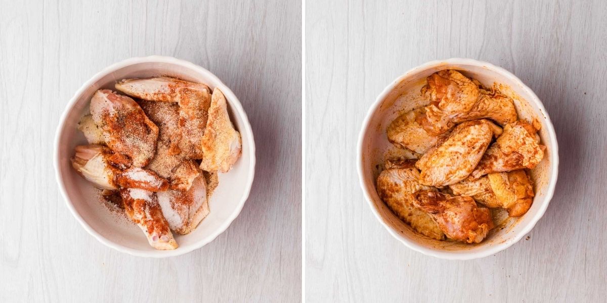 Side by side photos of seasoning wings with a BBQ dry rub.