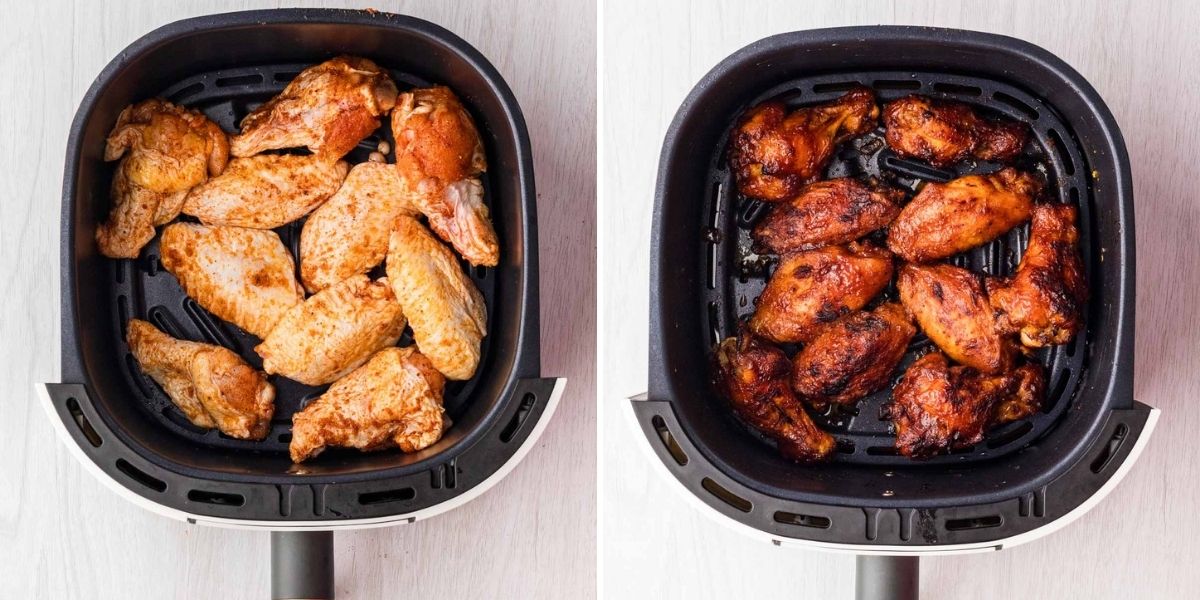Side by side photos of before and after air frying the wings in the air fryer basket.