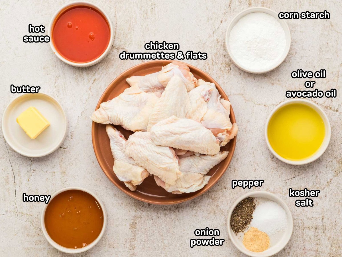 Ingredients needed to make air fryer hot honey chicken wings.