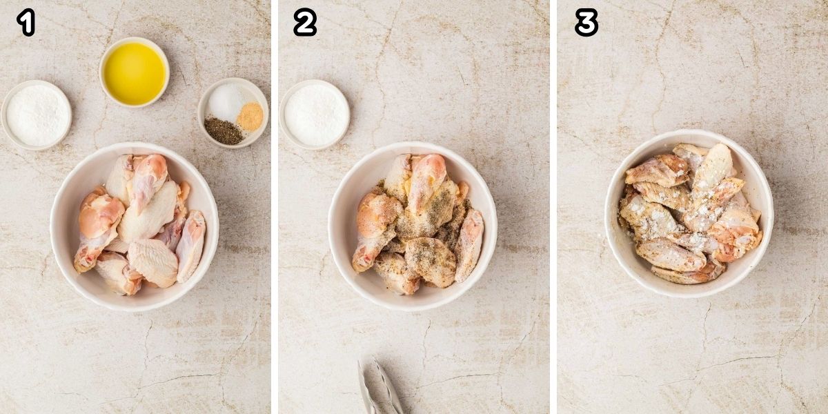 Side by side photos of seasoning chicken wings in a mixing bowl.