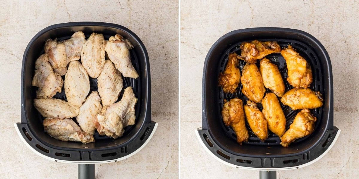 Side by side photos of cooking chicken wings in the air fryer.