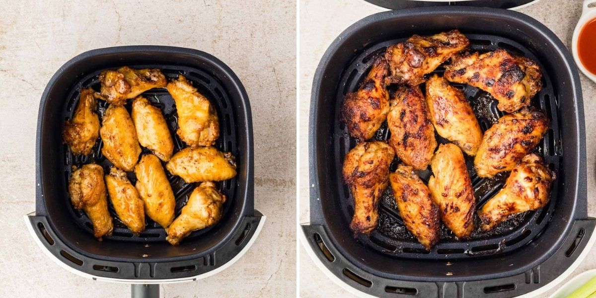Side by side photos of air frying the wings again with sauce on them.