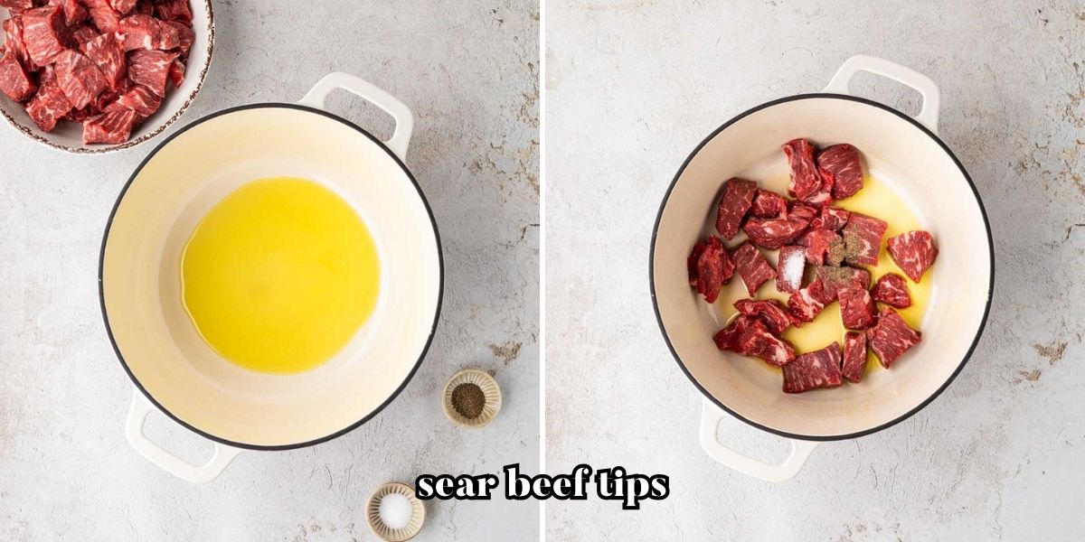 Adding oil and beef tips to a Dutch oven to sear.