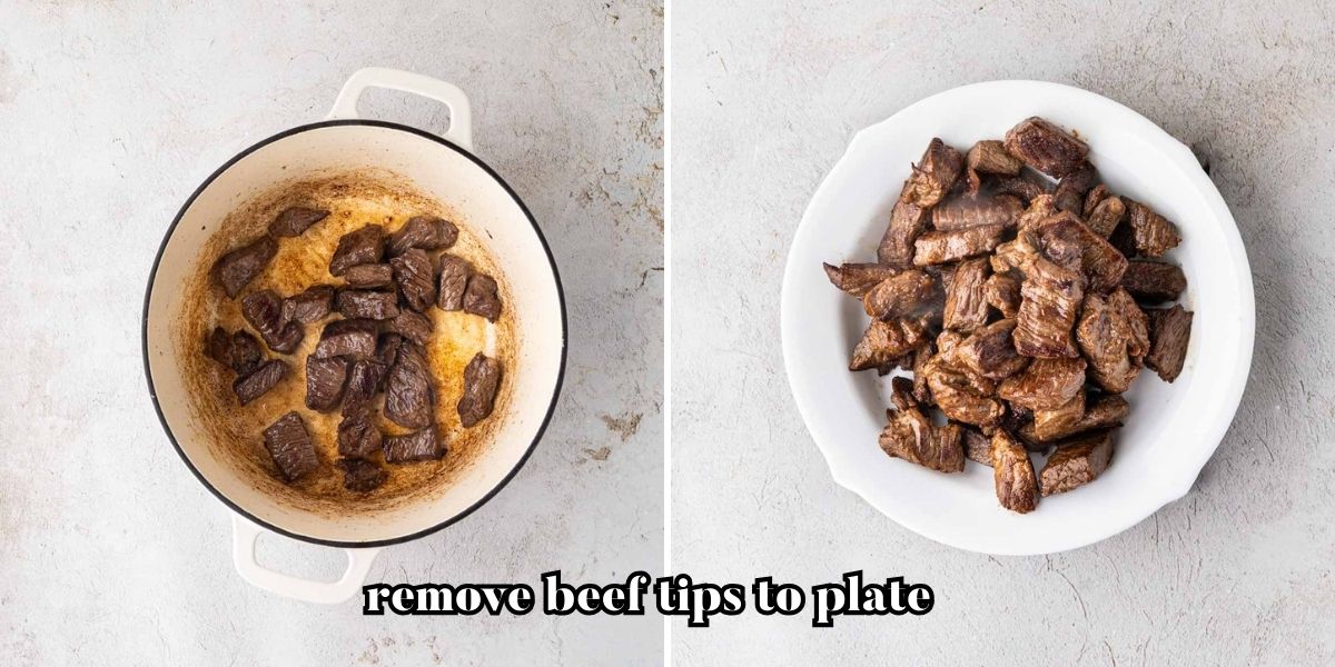 A collage image showing seared beef in the Dutch oven and then removed to a plate.