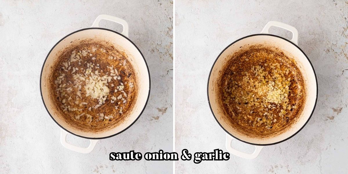 Sautéed onion and garlic in the Dutch oven.