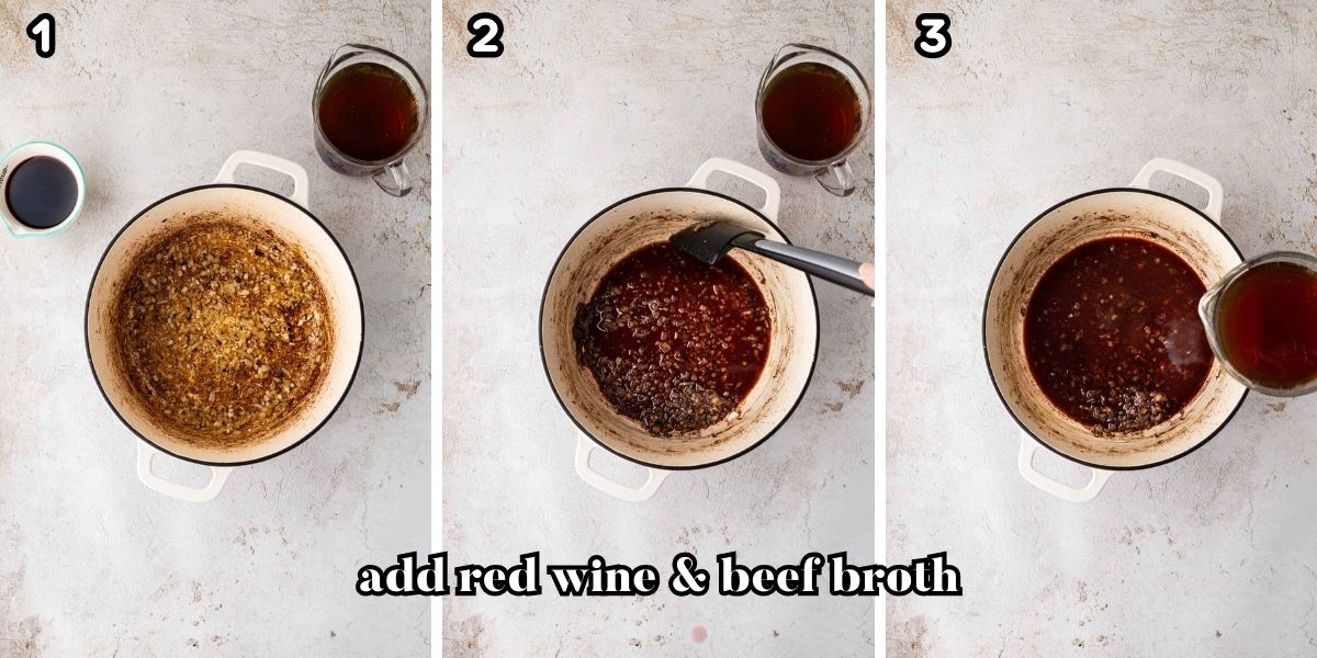 Adding wine and beef broth to the Dutch oven to the glaze the bottom of the pan.