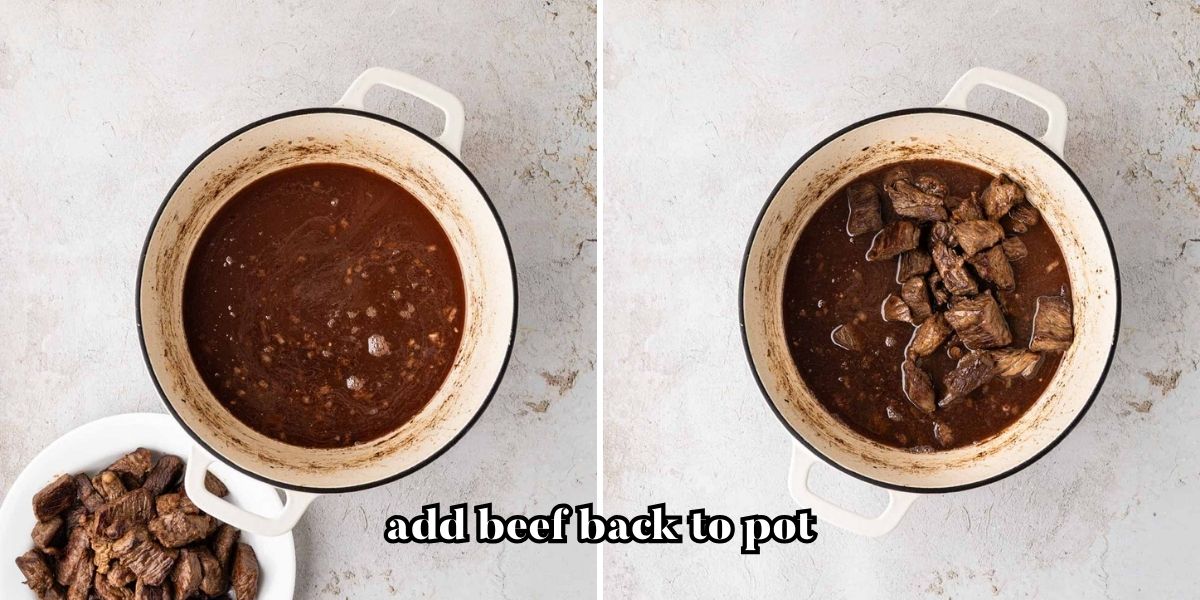 Adding beef tips back to the Dutch oven.