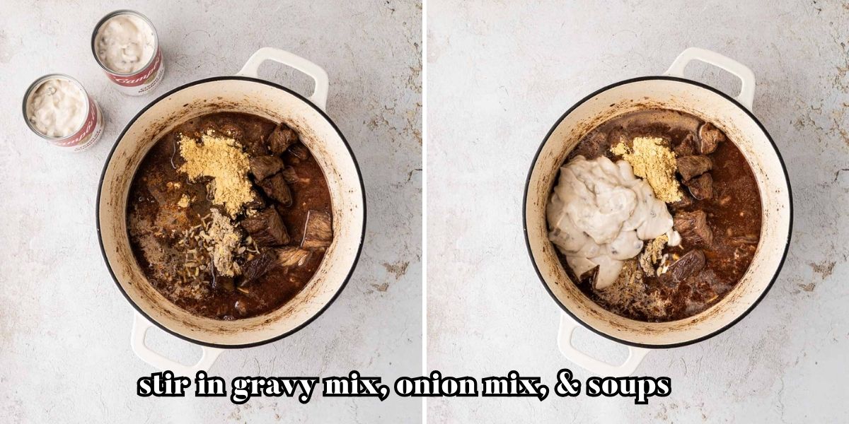 Adding dry and condensed soup mixes to the beef tips