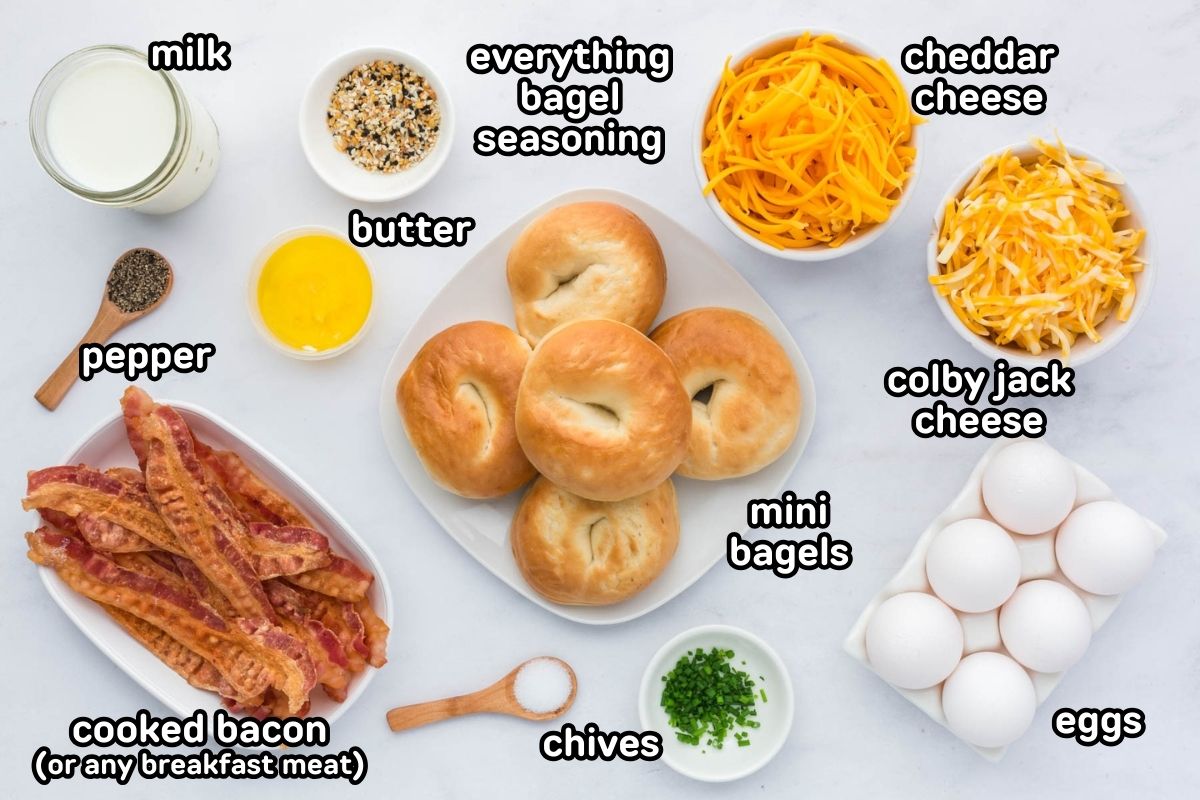 Ingredients needed to make breakfast bagel sliders.