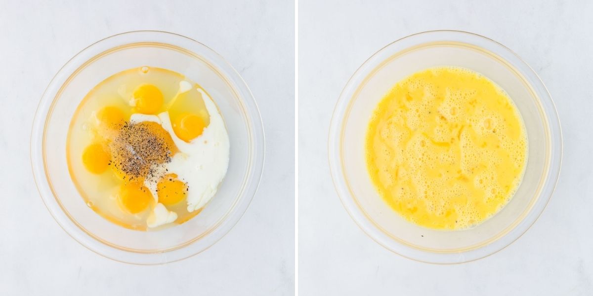 Side by side photos of eggs whisked with whole milk and salt and pepper.