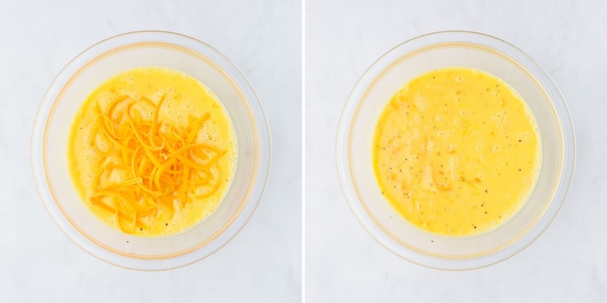 Shredded cheese added to the whisked milk mixture.