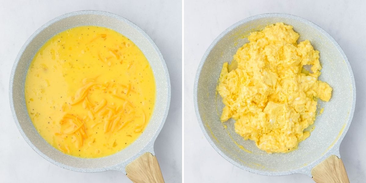 Side by side photos of cooked eggs in a skillet.