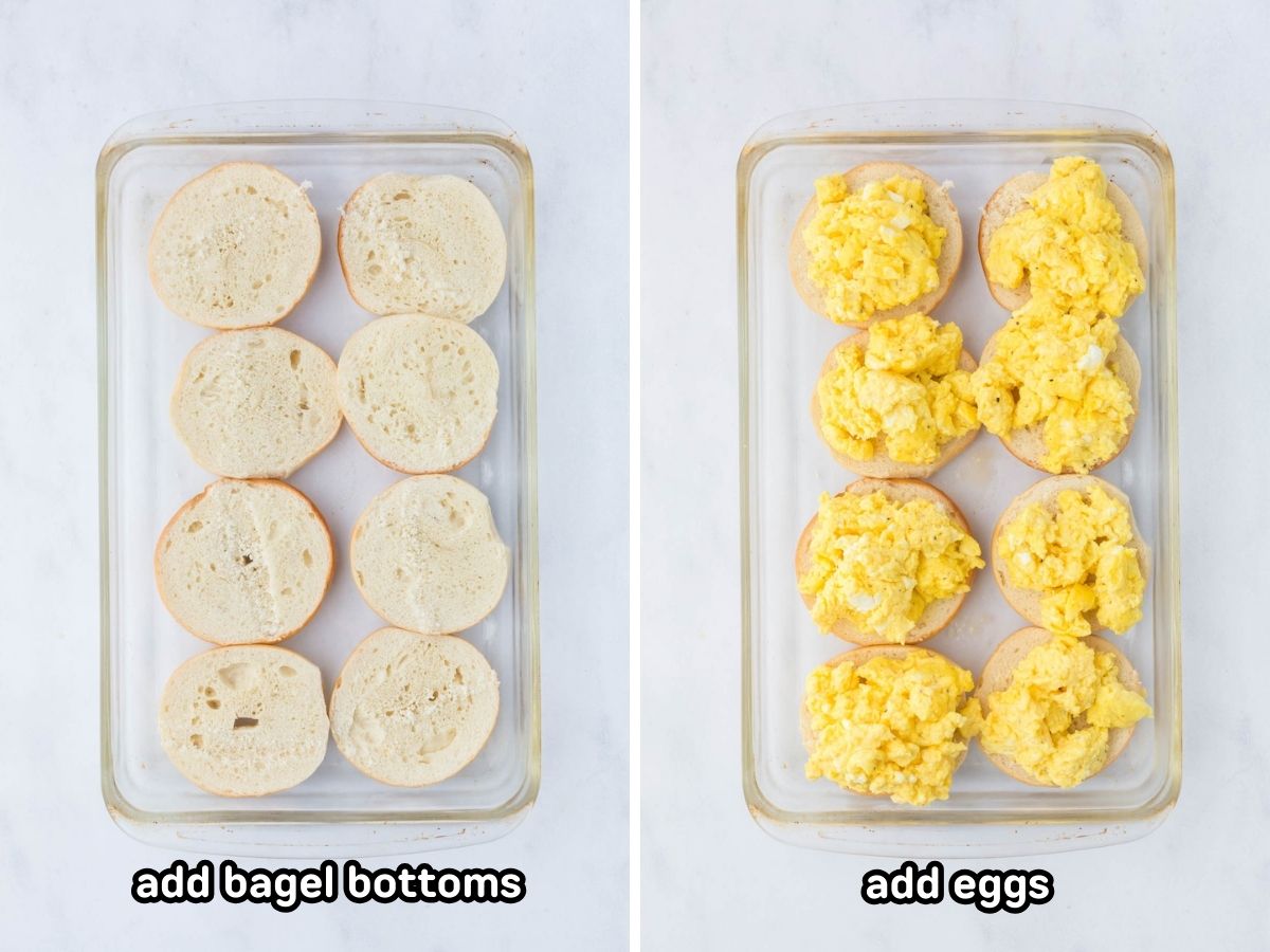 Side by side photos of assembling the bagel sliders in a baking dish.