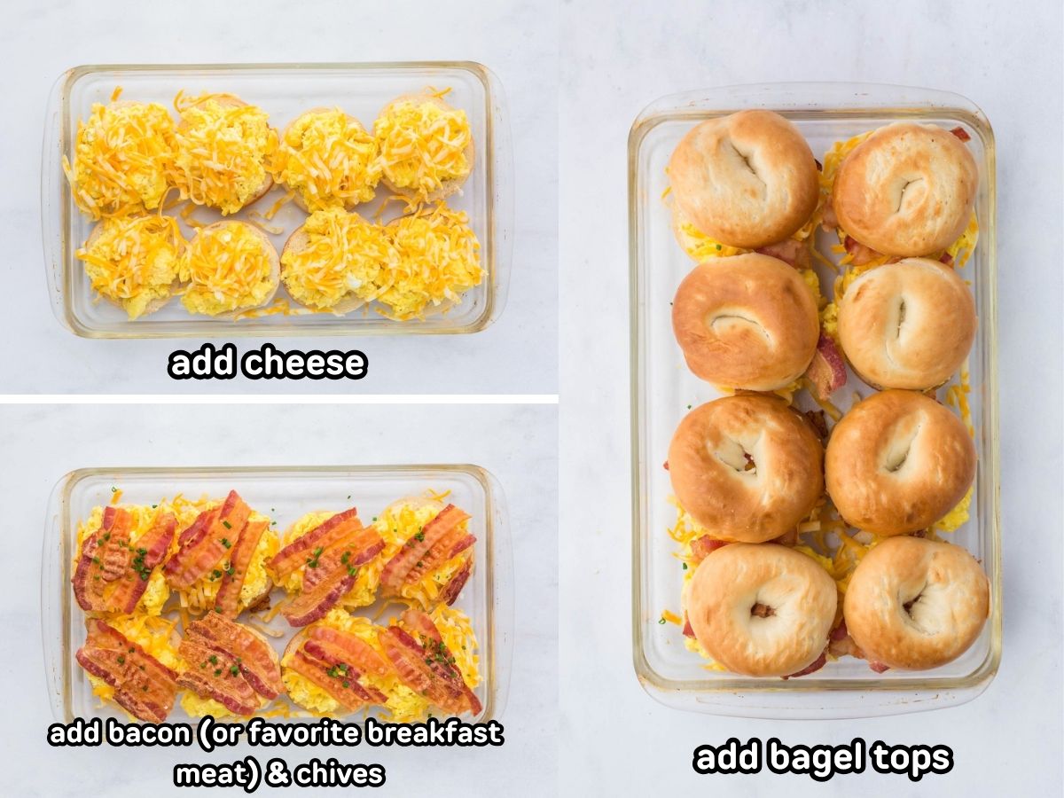 Adding cheese, bacon and bagel tops to the sliders.