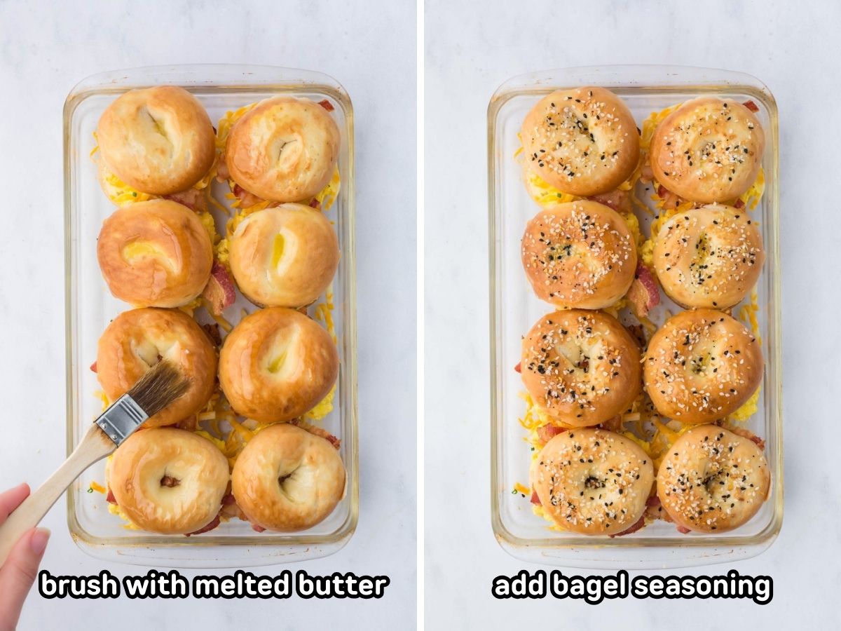 Brushing the bagel sliders with butter and and adding bagel seasoning before baking.