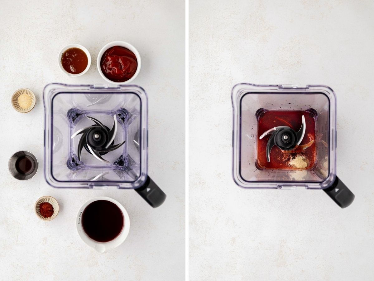 Spices, ketchup, honey Worcestershire added to a blender and mixed together.